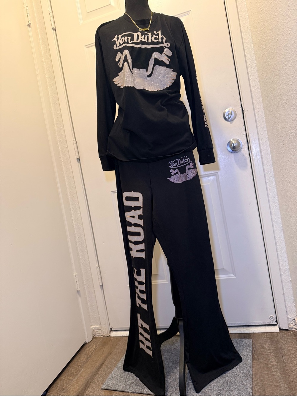 Von Dutch Black & Silver Graphic Top and Flare Pants Set